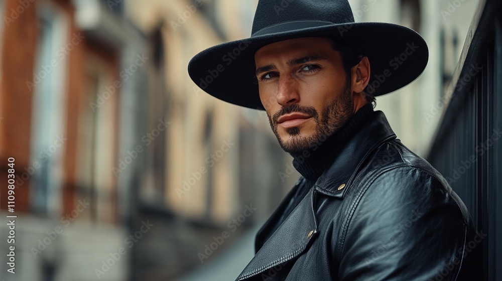 A man wearing a black leather jacket and a wide-brimmed hat poses in an urban environment, exuding confidence and style with a modern fashion sense. A man wearing a black leather jacket and a wide-brimmed hat poses in an urban environment, exuding confidence and style with a modern fashion sense.