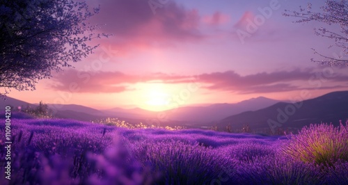 Serene Lavender Field Under Sunset Glow with Tranquil Sky and Gentle Breeze, Purple Hues Creating a Peaceful Natural Ambiance.