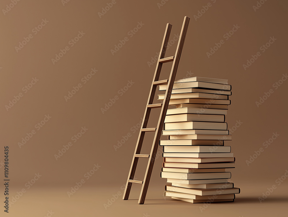 Books stacked next to a wooden ladder in a simple setting with a warm color palette Books stacked next to a wooden ladder in a simple setting with a warm color palette