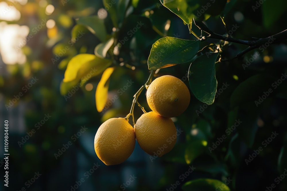 Vibrant Yellow Lemons Hanging from a Sunlit Lemon Tree Branch in a Lush Garden