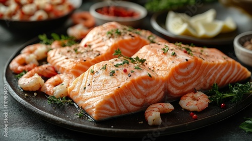 Gourmet salmon and shrimp resting on a dark plate, garnished with herbs, visually capturing the freshness and high-quality cuisine of seafood delicacies. photo