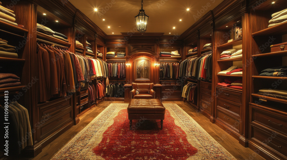 Luxurious walk-in closet displays an array of high-end garments neatly arranged on elegant shelves. AI Generative Luxurious walk-in closet displays an array of high-end garments neatly arranged on elegant shelves. AI Generative