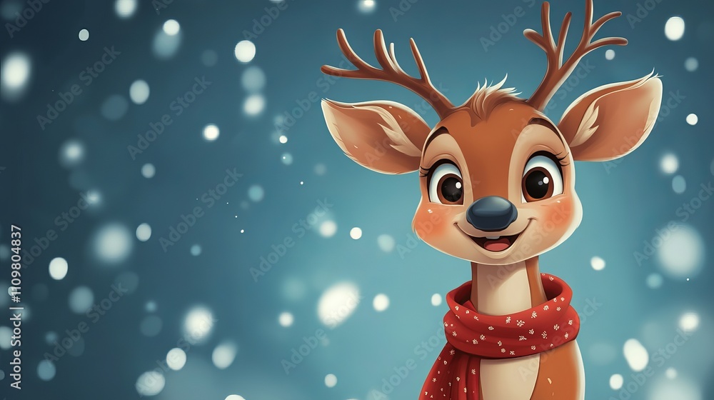 A charming illustration of a cute cartoon deer wearing a scarf, set against a snowy, wintry background, capturing the essence of playful winter celebrations.