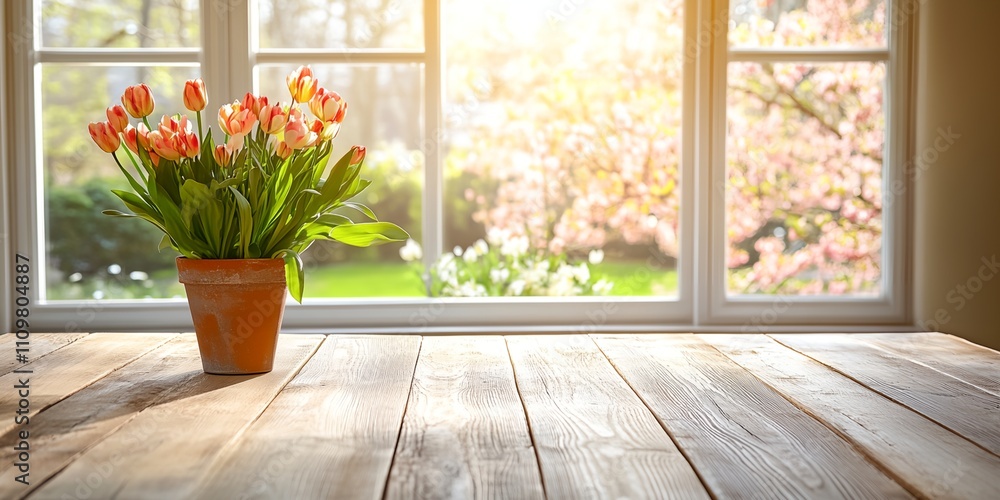 A vase of flowers sits on a wooden table by a window. The flowers are orange and pink, and the sunlight streaming in through the window illuminates the scene A vase of flowers sits on a wooden table by a window. The flowers are orange and pink, and the sunlight streaming in through the window illuminates the scene