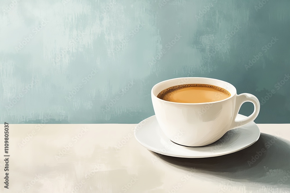 A white coffee cup sits on a white saucer on a table. The cup is filled with coffee, and the saucer is empty. Concept of calm and relaxation A white coffee cup sits on a white saucer on a table. The cup is filled with coffee, and the saucer is empty. Concept of calm and relaxation