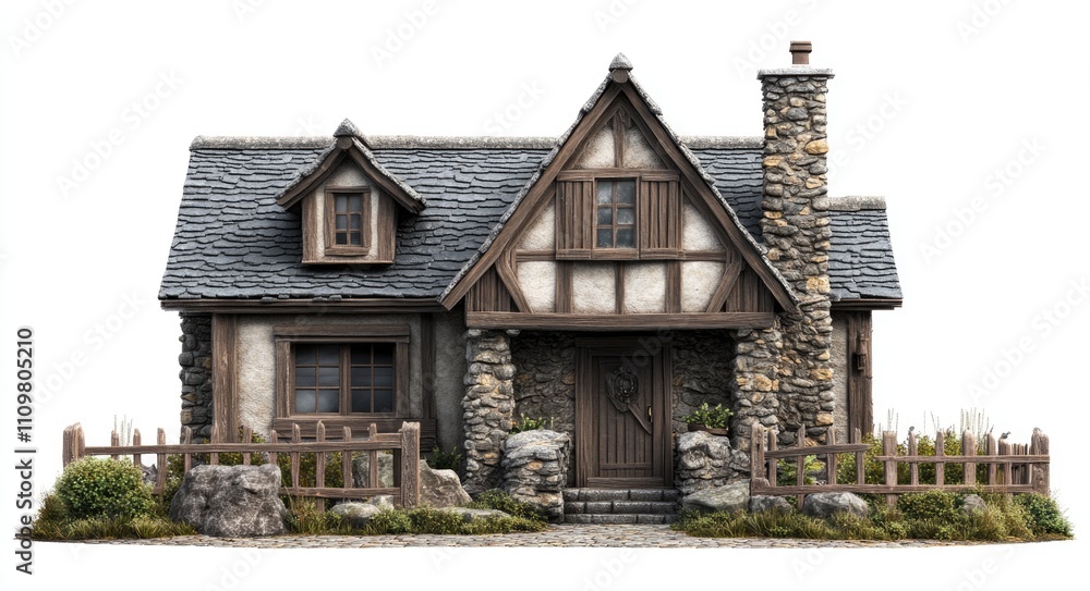 Three-Dimensional Isolated House Featuring Modern Exterior Design and Elegant Entrance with Railing and Shingle Roofing Three-Dimensional Isolated House Featuring Modern Exterior Design and Elegant Entrance with Railing and Shingle Roofing