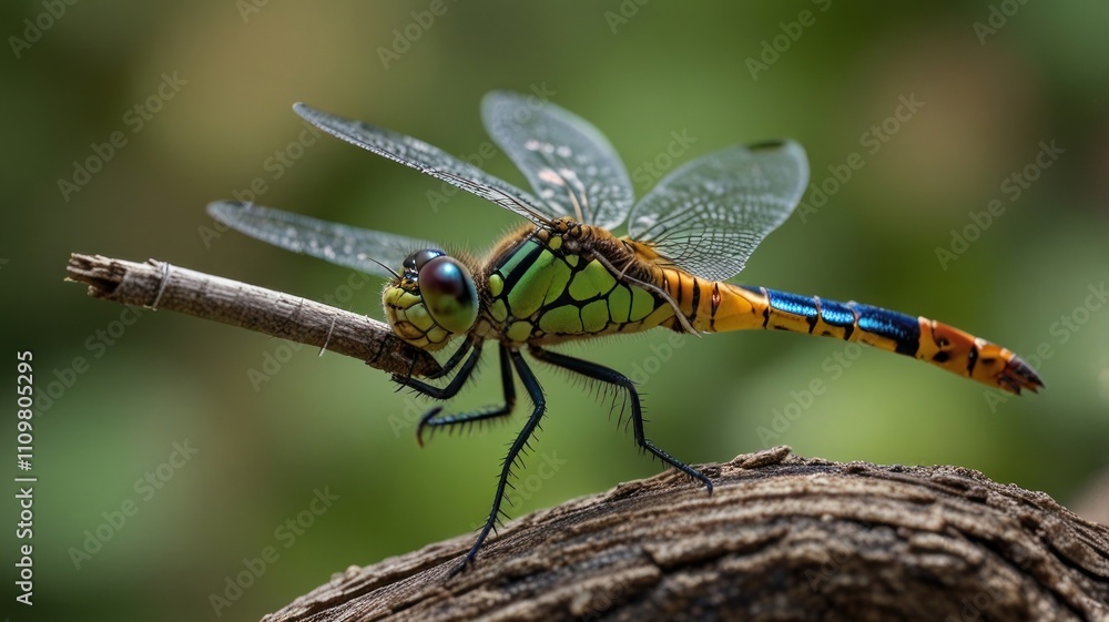 Vibrant dragonfly perched on branch, close-up. Vibrant dragonfly perched on branch, close-up.