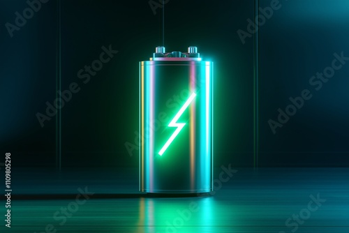 Glowing green power neon futuristic energy storage, high capacity rechargeable lithium ion battery