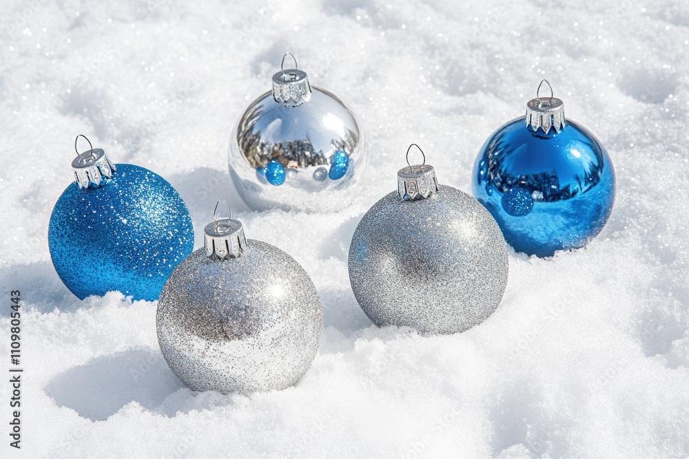 Festive Silver and Blue Baubles Nestled in Fresh Snow: A Glimpse of December Decorations Festive Silver and Blue Baubles Nestled in Fresh Snow: A Glimpse of December Decorations