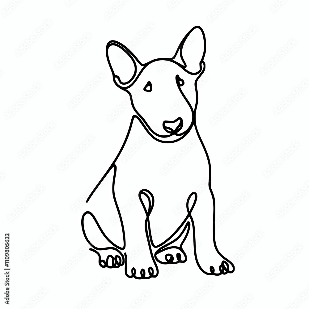 Miniature bull terrier dog continuous line illustration, minimalist dog silhouette design element Miniature bull terrier dog continuous line illustration, minimalist dog silhouette design element