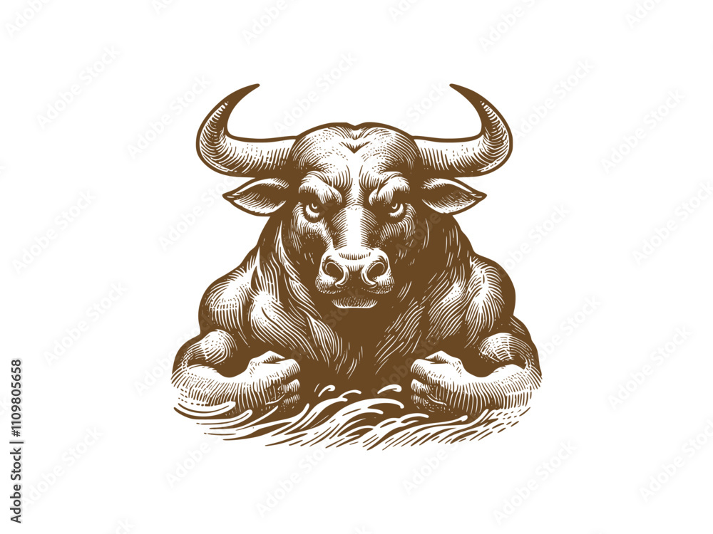 Naklejka premium black and white engrave isolated bull vector illustration