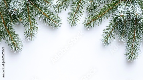 Snow-Dusted Pine Branches on White Background for Winter and Holiday-Themed Designs and Seasonal Decorations