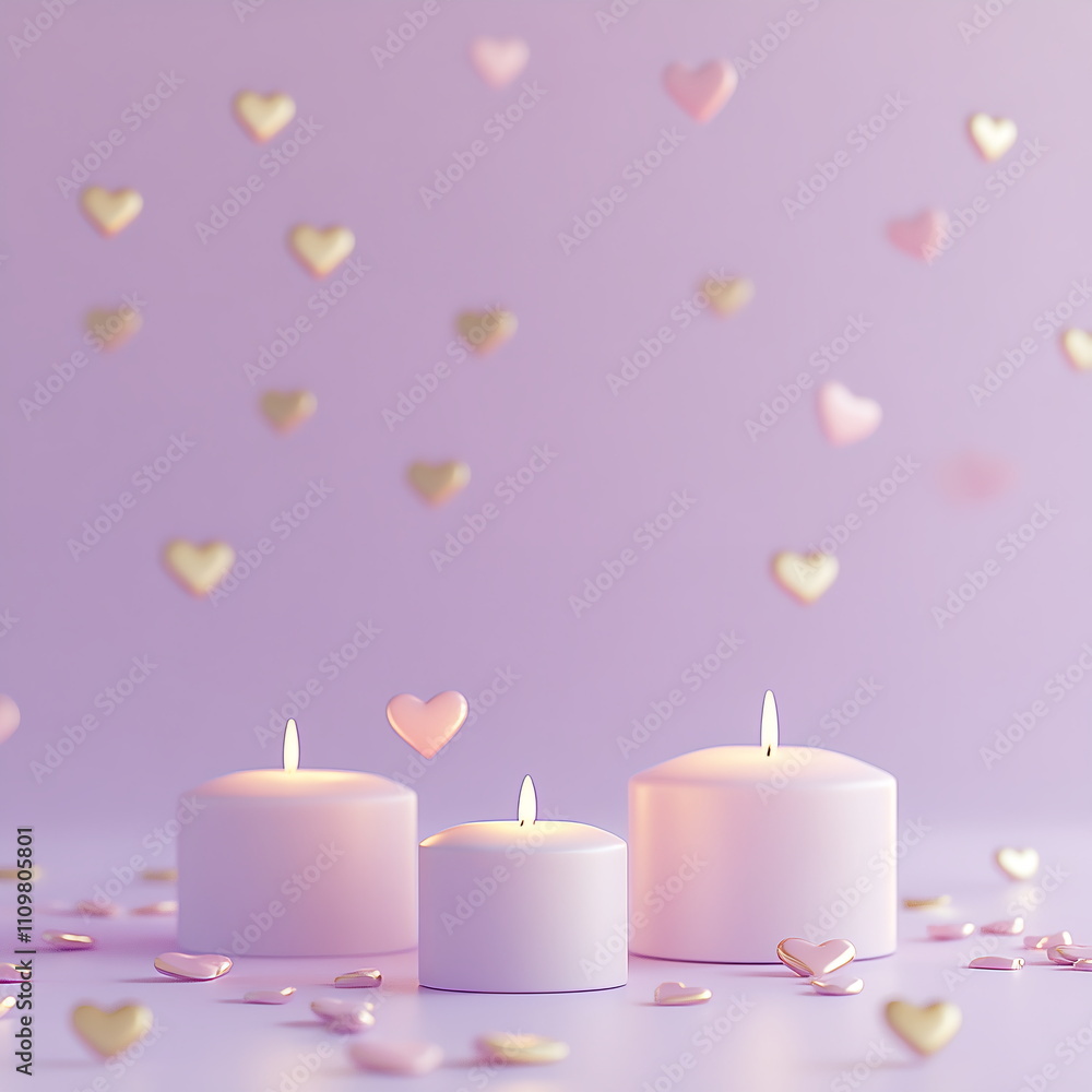 Delicate Valentine's Day backdrop with a soft lavender background, light pink heart confetti, and subtle hints of candlelight creating a warm, cozy atmosphere. Square social media post greeting card Delicate Valentine's Day backdrop with a soft lavender background, light pink heart confetti, and subtle hints of candlelight creating a warm, cozy atmosphere. Square social media post greeting card