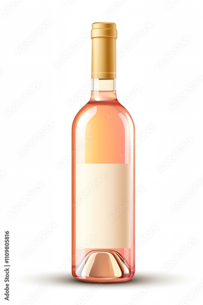 A bottle of wine is sitting on a white background. The bottle is clear and has a gold label A bottle of wine is sitting on a white background. The bottle is clear and has a gold label