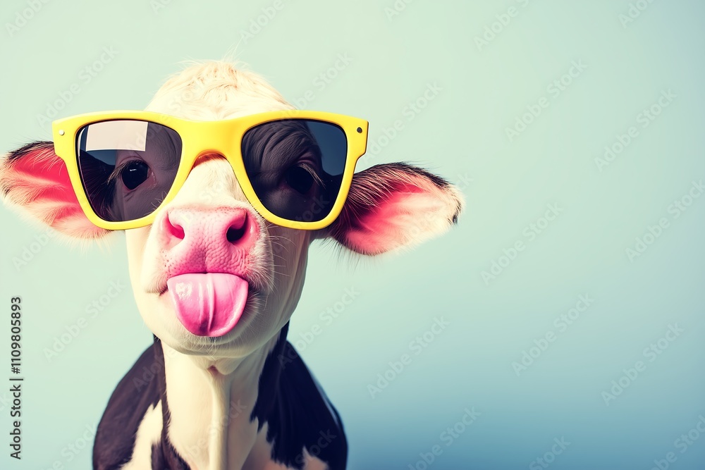 calf wearing sunglasses and sticking out its tongue, minimalist design, simple light background, soft, even lighting calf wearing sunglasses and sticking out its tongue, minimalist design, simple light background, soft, even lighting
