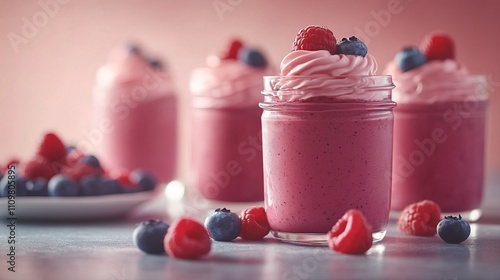 A mason jar filled with a creamy pink berry smoothie, adorned with fresh raspberries and blueberries, showcases a perfect blend of health and indulgence for all ages. photo