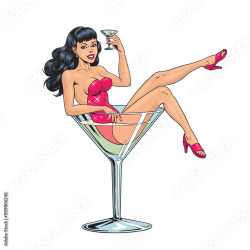 Beautiful girl in cocktail glass isolated on white. Pin up style brunette burlesque dancer holding martini glass. Hand drawn vector illustration