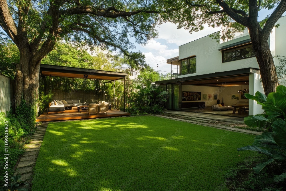 Spacious Green Yard Surrounded by Trees and Fencing: A Serene Outdoor Retreat for Your Home Spacious Green Yard Surrounded by Trees and Fencing: A Serene Outdoor Retreat for Your Home
