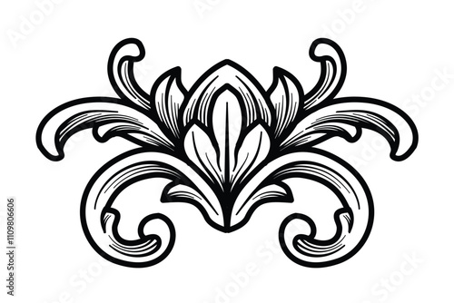 Vintage baroque scroll engraved decoration element with flourishes calligraphic ornament. Retro vintage arabesque, filigree, damask ornamental. Ornate art deco design.