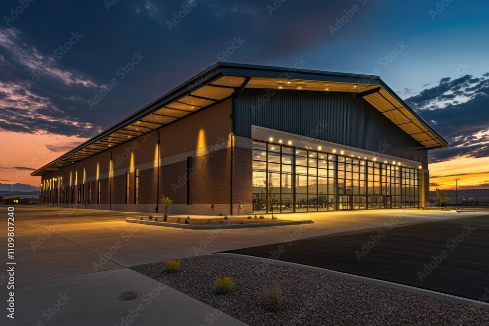 Illuminated Gym Warehouse Structure at Dusk: A Nighttime Architectural Marvel Illuminated Gym Warehouse Structure at Dusk: A Nighttime Architectural Marvel