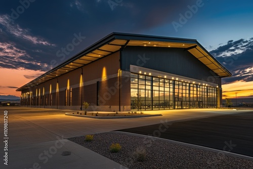 Illuminated Gym Warehouse Structure at Dusk: A Nighttime Architectural Marvel