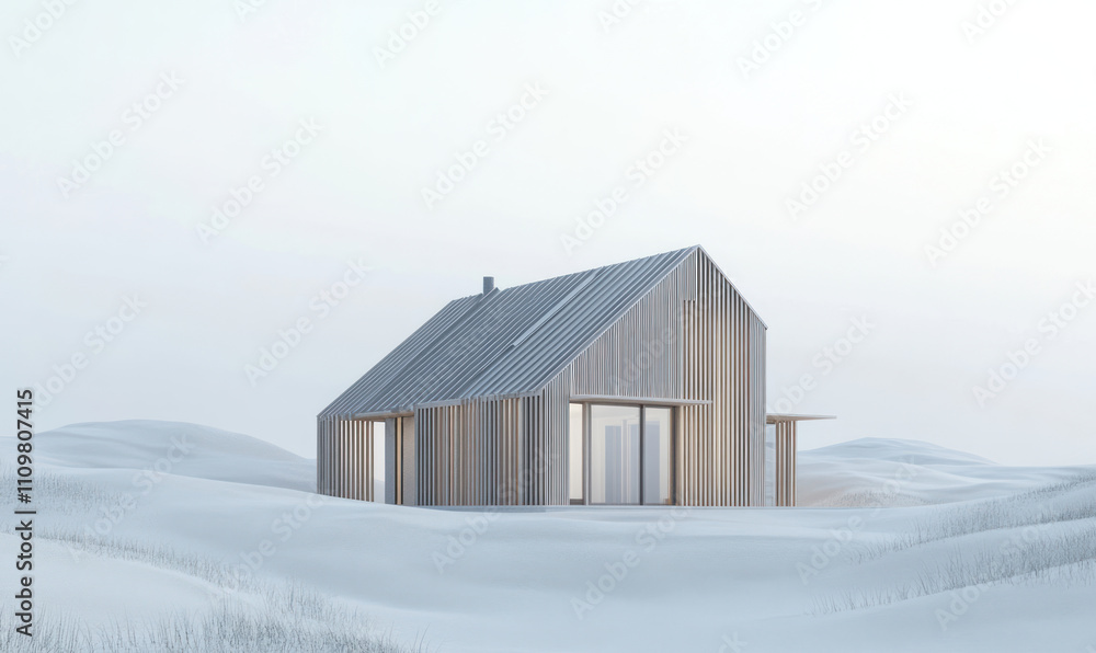 a modern minimalist house surrounded by a snowy landscape. a modern minimalist house surrounded by a snowy landscape.
