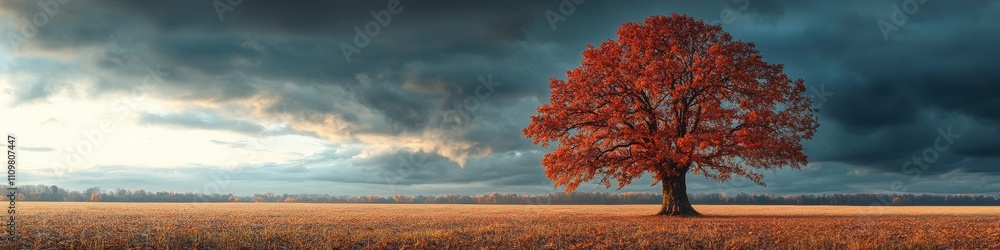 Naklejka premium Vibrant Autumn Tree in Golden Field Landscape