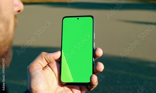 Man Holding Smartphone with Green Screen Outdoors photo