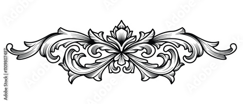 Illustration Vector of baroque vintage elements border frame design. Acanthus leaves, swirl filigree ornament. Classical Victorian arabesque flourish art deco. Good for tattoo, divider, pattern