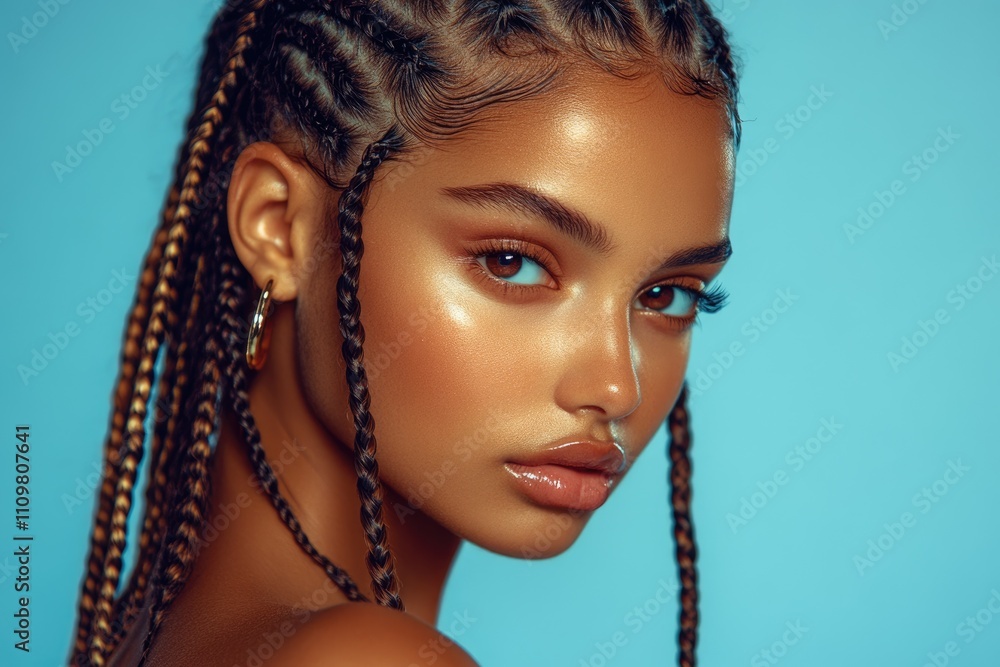 Stylish Young Afro-American Woman with Braids Posing Against a Vivid Studio Backdrop Stylish Young Afro-American Woman with Braids Posing Against a Vivid Studio Backdrop