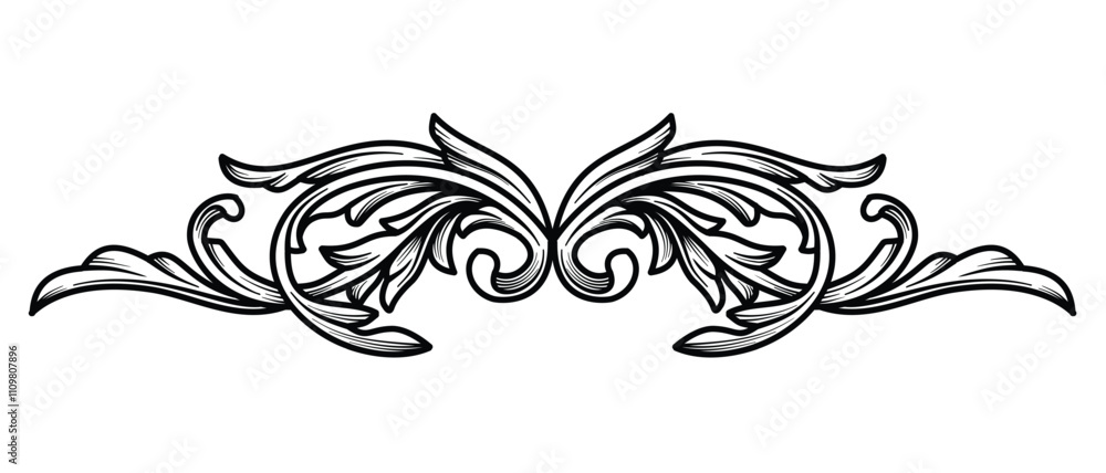 Fototapeta premium Hand drawn engraving vintage baroque divider. Swirl, filigree, flourish border frame ornament.