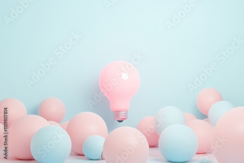 Minimalist Design of a Pink Lightbulb Among Blue Bulbs on a Soft Pastel Backdrop - Creative Concept with Ample Copy Space