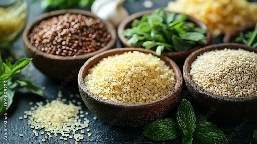 A variety of grains like quinoa and millet displayed in wooden bowls, surrounded by fresh herbs and spices on a dark backdrop in a rustic style setting. A variety of grains like quinoa and millet displayed in wooden bowls, surrounded by fresh herbs and spices on a dark backdrop in a rustic style setting.