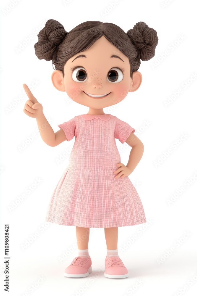 Bright Young Cartoon Girl in Pink Dress Excitedly Pointing at Blank Space: Fun 3D Illustration for Educational Advertisements Bright Young Cartoon Girl in Pink Dress Excitedly Pointing at Blank Space: Fun 3D Illustration for Educational Advertisements