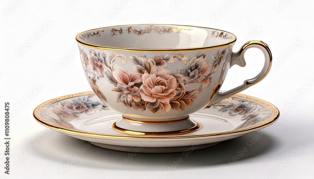 Fototapeta premium A delicate Victorian porcelain teacup and saucer, hand-painted with floral motifs in soft