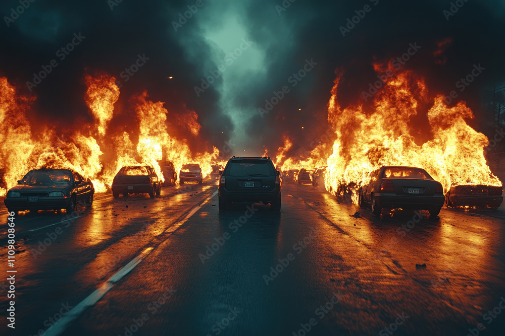 a road with cars burning on both sides. Bright flames engulf the cars, sending thick plumes of black smoke into the sky a road with cars burning on both sides. Bright flames engulf the cars, sending thick plumes of black smoke into the sky