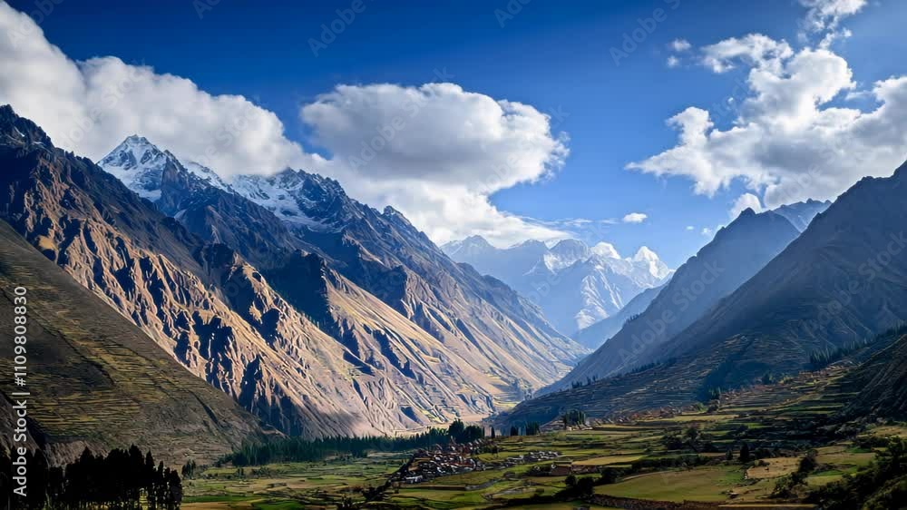 A breathtaking view of a mountain valley with lush fields and snow-capped peaks. A breathtaking view of a mountain valley with lush fields and snow-capped peaks.