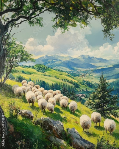 Summer Serenity: Flock of Sheep on a Tranquil Mountain Hill Top Glade photo