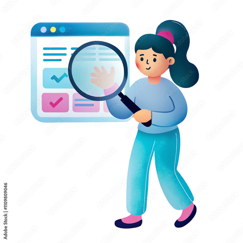 woman holding magnifying glass, UI character woman holding magnifying glass, UI character