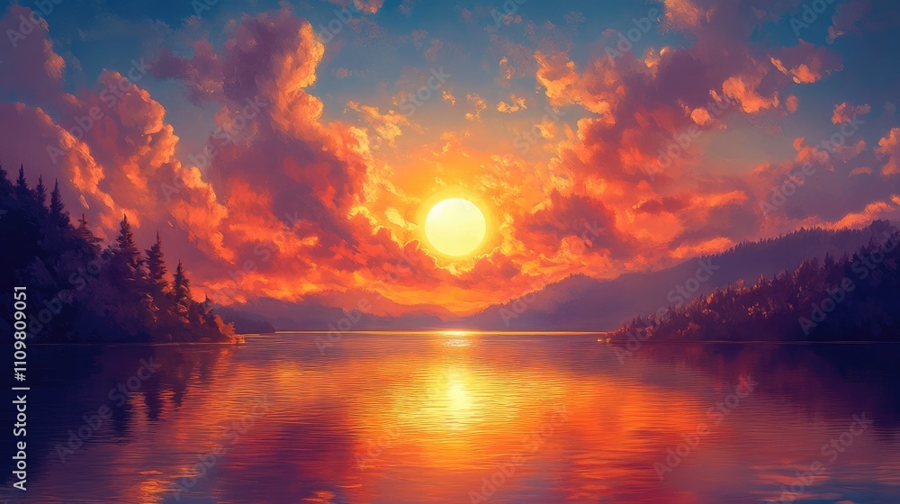 Fototapeta premium Serene Minnesota Lake Sunset: A Tranquil Evening Sky Reflected on Still Waters