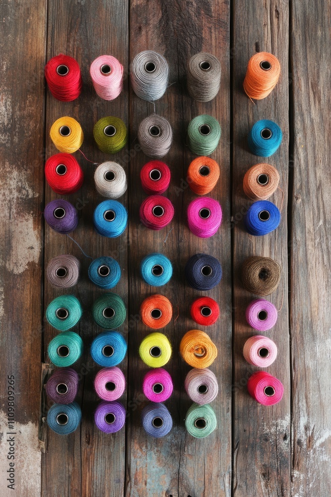 Fototapeta premium Top-Down Perspective of Vibrant Threads Arranged on a Rustic Wooden Table