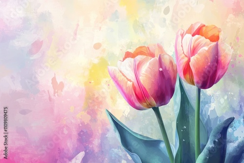 Gentle Spring Tulips in Watercolor: A Luxurious Botanical Background for Postcards