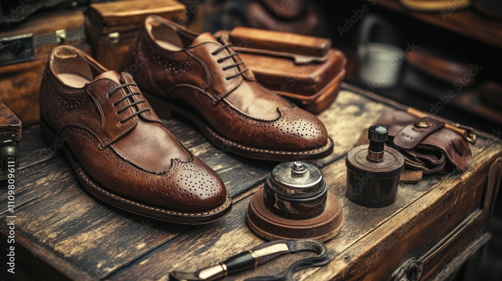 Leather Care Essentials: Shoe Polish Tools and Well-Maintained Leather Footwear on Rustic Wood Leather Care Essentials: Shoe Polish Tools and Well-Maintained Leather Footwear on Rustic Wood