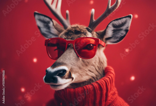 Stylish deer wearing red sunglasses and a cozy sweater against a bright red background showcasing a photo