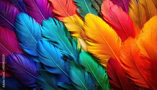 A flat lay of colorful feathers arranged in a fan pattern, featuring vibrant shades of teal