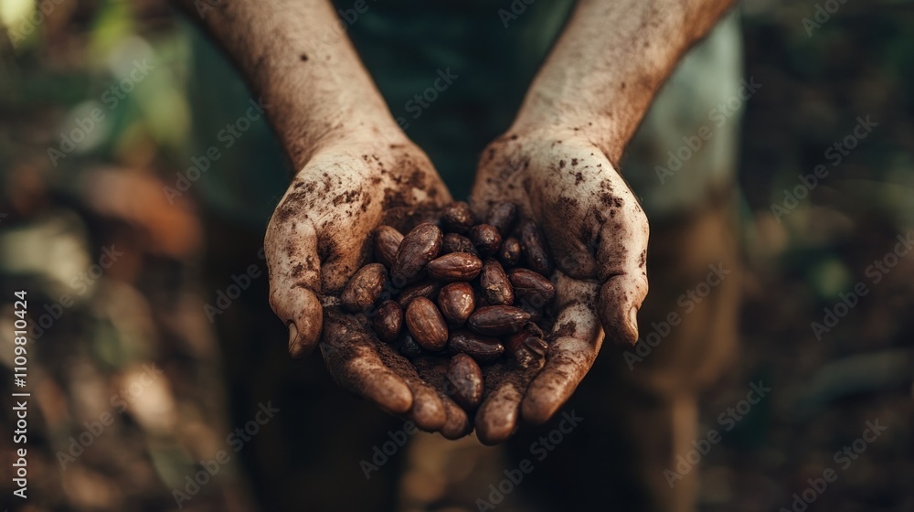 Close-up of a mans hands collecting cocoa beans. Close-up of a mans hands collecting cocoa beans.