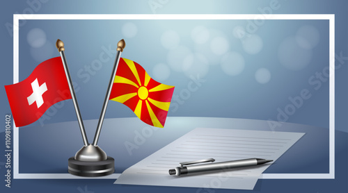 Switzerland and Macedonia Small national flag on bokeh background, cooperative relationship