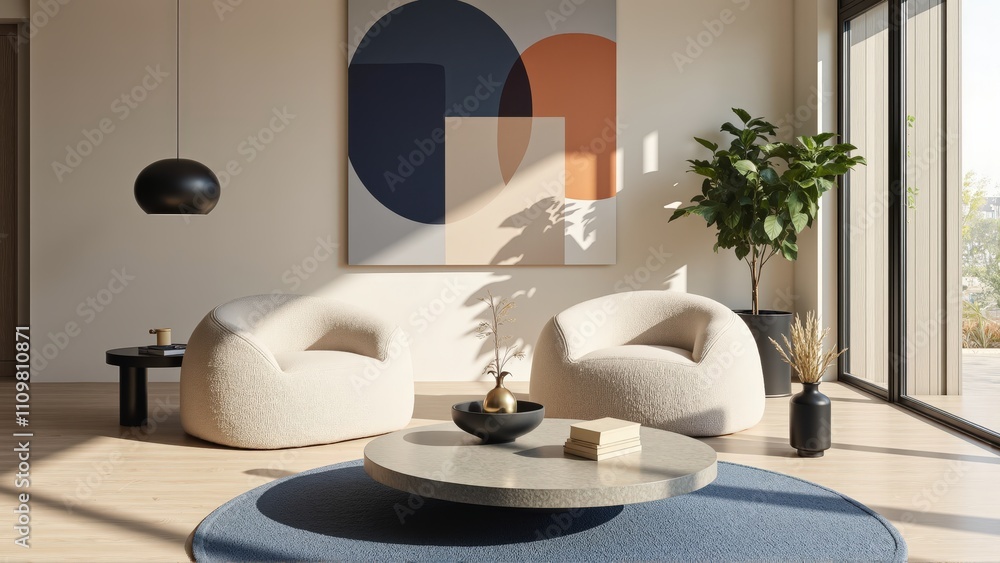 Fototapeta premium Generative AI, A Bright and Airy Living Room Merging Geometric Art, Textured Furniture, and Subtle Contrasts for a Perfect Blend of Whimsy and Elegance