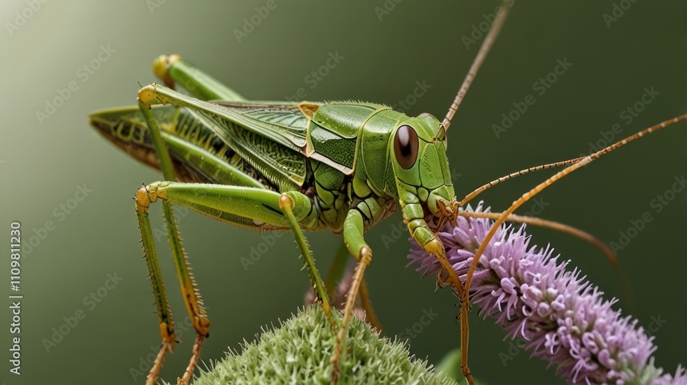 Close-up of a vibrant green grasshopper feeding on a purple flower. Close-up of a vibrant green grasshopper feeding on a purple flower.