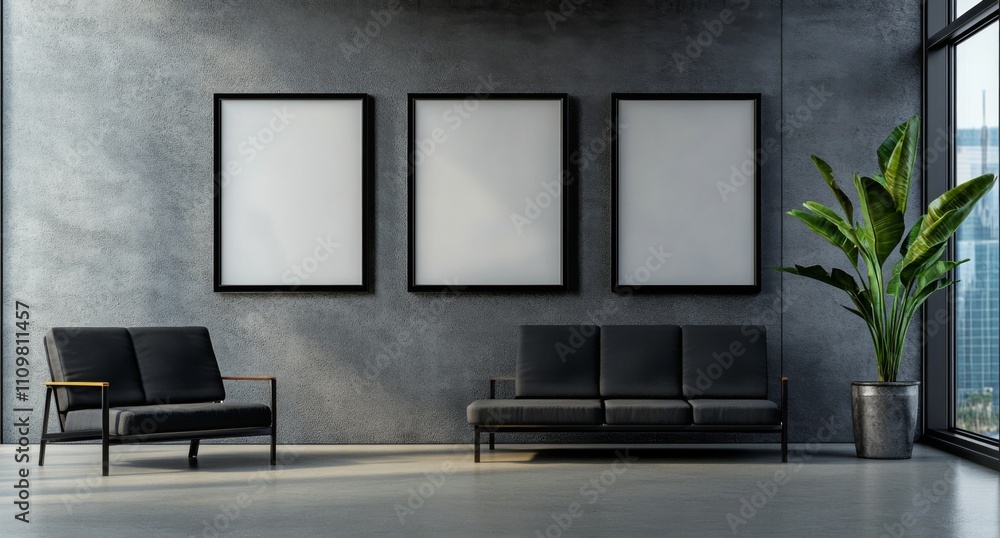 Sleek, Modern Office Waiting Area with Three Empty Wall Frames, Gray Sofas, Black Armchairs, Concrete Flooring, Large Windows and Plant Sleek, Modern Office Waiting Area with Three Empty Wall Frames, Gray Sofas, Black Armchairs, Concrete Flooring, Large Windows and Plant